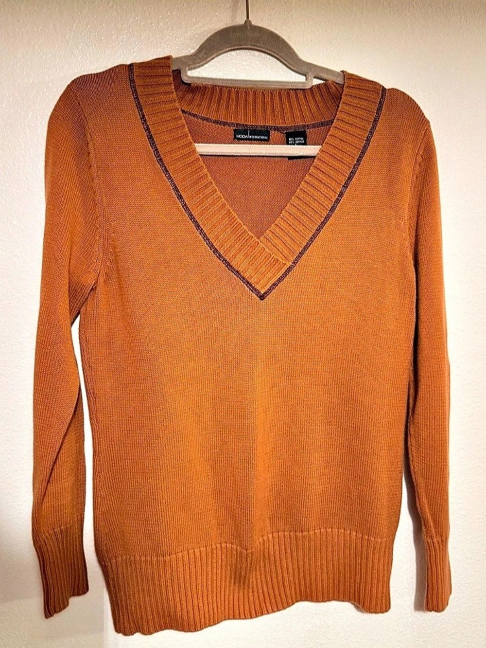 Moda International Orange V-Neck Cotton Acrylic Sweater